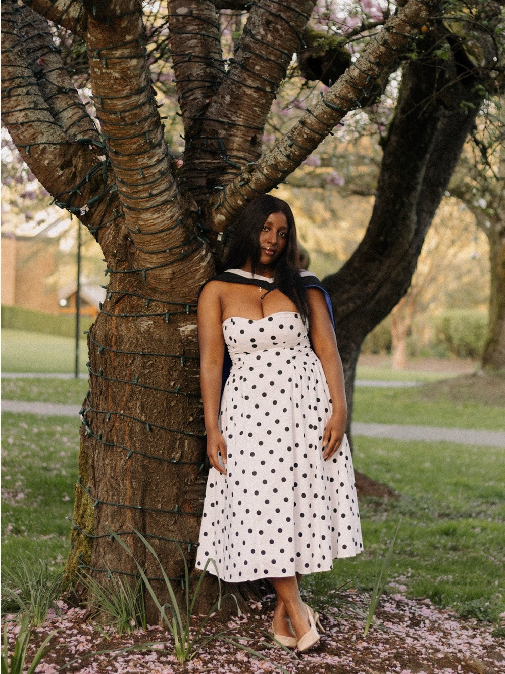 White Fox Boutique White and Black Polka Dot Strapless Midi Dress